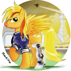 Size: 1546x1534 | Tagged: safe, artist:ruhisu, derpibooru import, oc, oc only, oc:brave wing, pegasus, pony, airfield, amputee, captain, clothes, handsome, jet fighter, looking at you, male, military, pilot, plane, prosthetic limb, prosthetics, raised hoof, runway, smiling, smirk, soldier, solo, spread wings, stallion, standing, sunset, tower, uniform