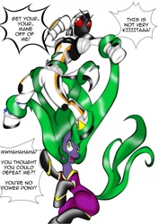 Size: 1240x1754 | Tagged: safe, artist:fourze-pony, derpibooru import, mane-iac, antagonist, bondage, crossover, dialogue, fourze, fourze-pony, fourze-stallion, hero, kamen rider, kamen rider fourze, mane, ponified