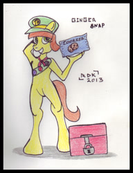 Size: 400x520 | Tagged: safe, artist:rdk, derpibooru import, tag-a-long, anthro, unguligrade anthro, arm behind head, bipedal, cookie, featureless crotch, female, food, grin, hat, one eye closed, smiling, solo, traditional art, wink