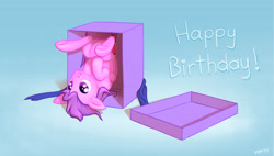 Size: 4096x2322 | Tagged: safe, artist:madthemike, oc, oc only, oc:sweet strokes, birthday, box, on back, present, smiling, solo, underhoof, upside down