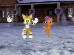 Size: 1280x960 | Tagged: safe, artist:famguy3, derpibooru import, scootaloo, 3d, christmas, crossover, gmod, hearth's warming, miles "tails" prower, sonic the hedgehog (series)