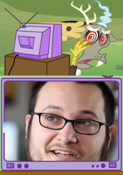 Size: 564x800 | Tagged: safe, discord, edmund mcmillen, exploitable meme, meme, obligatory pony, tv meme