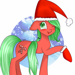 Size: 3000x3000 | Tagged: safe, artist:kyuniko, derpibooru import, oc, oc only, oc:chrissy, pony, christmas, hat, santa hat, solo, wink