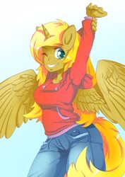Size: 3508x4961 | Tagged: artist needed, source needed, safe, derpibooru import, oc, oc only, oc:ticket, alicorn, anthro, alicorn oc, anthro oc, clothes, hoodie, human facial structure, jeans, solo, stretching