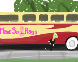 Size: 1280x1024 | Tagged: artist needed, safe, granny smith, bus, drawfag, mr. six, six flags