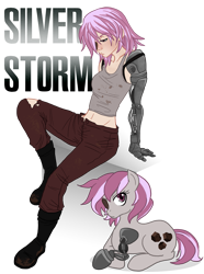 Size: 1035x1390 | Tagged: safe, artist:the-orator, derpibooru import, oc, oc only, oc:hired gun, cyborg, earth pony, human, pony, fallout equestria, fallout equestria: heroes, amputee, belly button, eyepatch, female, humanized, mare, midriff, prosthetic arm, prosthetic leg, prosthetic limb, prosthetics, solo