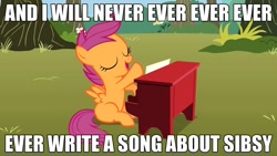 Size: 1280x720 | Tagged: safe, derpibooru import, edit, edited screencap, screencap, scootaloo, the show stoppers, homestar runner, image macro, piano, sibsy, solo