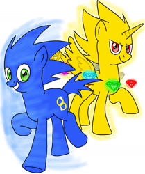 Size: 1196x1428 | Tagged: safe, artist:megaartist923, derpibooru import, oc, oc:sonic dash, alicorn, pony, alicorn oc, chaos emerald, ponified, present, sonic the hedgehog, sonic the hedgehog (series), super sonic