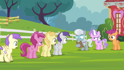 Size: 1280x720 | Tagged: safe, screencap, alula, diamond tiara, noi, pluto, ruby pinch, scootaloo, silver spoon, tornado bolt, twilight time, animation error, no tail