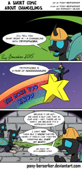 Size: 880x1836 | Tagged: safe, artist:pony-berserker, oc, oc only, oc:berzie, changeling, bandage, changeling oc, comic, hard hat, irony, speech bubble, the more you know, trypophobia