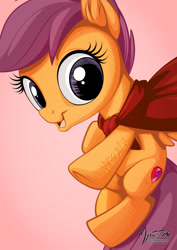 Size: 955x1351 | Tagged: safe, artist:mysticalpha, scootaloo, cmc cape, cutie mark, looking at you, open mouth, solo, the cmc's cutie marks, underhoof