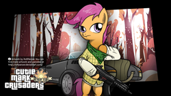 Size: 1280x720 | Tagged: safe, artist:roflpanzer, derpibooru import, scootaloo, pony, bipedal, car, clothes, franklin clinton, grand theft auto, gta v, gun, loading screen, neckerchief, parody, rifle, solo, weapon