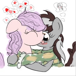 Size: 668x668 | Tagged: safe, artist:nyashaponyasha, derpibooru import, oc, oc only, blushing, clothes, female, heart, lesbian, licking, scarf, shared clothing, shared scarf, shipping, tongue out