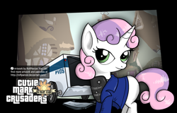 Size: 1560x1000 | Tagged: safe, artist:roflpanzer, derpibooru import, sweetie belle, body armor, clothes, grand theft auto, gta v, loading screen, michael de santa, michael townley, parody, police, solo