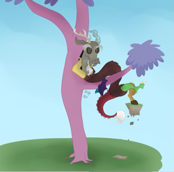 Size: 911x903 | Tagged: safe, artist:blastdown, discord, draconequus, three's a crowd, arm behind head, blue background, eyes closed, male, simple background, sitting in a tree, solo, thinking tree, tree