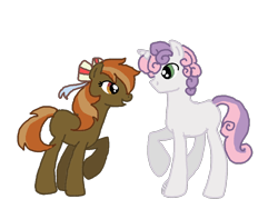 Size: 956x753 | Tagged: safe, artist:1231redflame, button mash, joystick (r63), silver bell, sweetie belle, bit mash, eye contact, female, male, raised hoof, ribbon, rule 63, shipping, smiling, straight, sweetiemash