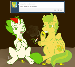 Size: 897x800 | Tagged: safe, derpibooru import, ask-potluck, drugs, gustygreens, potluck, tumblr