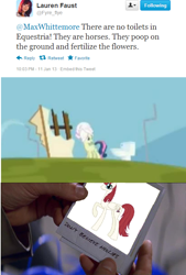 Size: 528x783 | Tagged: safe, bon bon, sweetie drops, oc, oc:fausticorn, three's a crowd, don't believe her lies, exploitable meme, lauren faust, meme, memento, toilet, twitter, word of faust