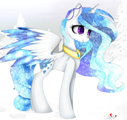 Size: 921x867 | Tagged: dead source, safe, artist:cinnamonh3artz, derpibooru import, oc, oc only, alicorn, pony, alicorn oc, colored wings, colored wingtips, ethereal mane, jewelry, solo, tree, winter