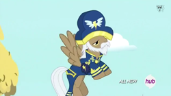 Size: 634x356 | Tagged: safe, screencap, pegasus, pony, testing testing 1-2-3, admiral fairweather, ancient wonderbolts uniform, beard, bicorne, cap'n crunch, captain crunch, clothes, costume, facial hair, flying, hat, hub logo, male, moustache, solo, stallion, uniform