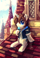 Size: 966x1408 | Tagged: dead source, safe, artist:r0b0tassassin, derpibooru import, eating, food, ice cream, kingdom hearts, ponified, rooftop, scenery, solo, sora