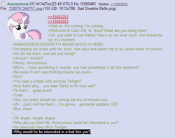 Size: 609x480 | Tagged: safe, derpibooru import, sweetie belle, /mlp/, 4chan, anon in equestria, feels, greentext, rejection, rejection is magic, sad, text