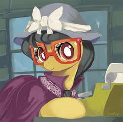 Size: 650x645 | Tagged: safe, artist:ende26, derpibooru import, a.k. yearling, daring do, daring don't, bonnet, clothes, cute, daring dorable, disguise, glasses, hat, looking at you, ribbon, smiling, typewriter, window