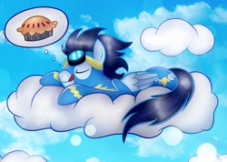 Size: 1280x909 | Tagged: safe, artist:vocalmaker, soarin', cloud, cloudy, cute, dream, pie, sky, soarinbetes, solo, that pony sure does love pies, wonderbolts