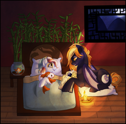 Size: 1010x992 | Tagged: safe, artist:noxxplush, derpibooru import, oc, oc only, oc:gloaming, oc:pebbles, bat pony, fish, pony, bamboo, bed, book, candle, filly, reading