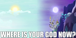 Size: 1000x500 | Tagged: safe, derpibooru import, princess twilight sparkle (episode), canterlot, caption, image macro, meme, moon, no pony, reaction image, split sky, sun, where is your god now?