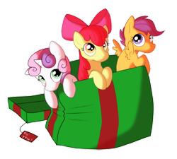 Size: 638x575 | Tagged: safe, artist:jennilah, derpibooru import, apple bloom, scootaloo, sweetie belle, cutie mark crusaders, present, simple background, transparent background