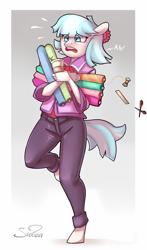 Size: 707x1200 | Tagged: safe, artist:siden, derpibooru import, coco pommel, anthro, unguligrade anthro, coffee, fabric, rainbow thread, scissors, solo