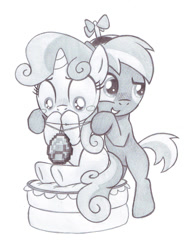 Size: 1024x1350 | Tagged: safe, artist:lockerobster, derpibooru import, button mash, sweetie belle, blushing, diamond, female, male, minecraft, monochrome, necklace, shipping, sketch, straight, sweetiemash, traditional art