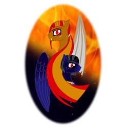 Size: 894x894 | Tagged: safe, artist:missitofu, derpibooru import, oc, oc only, oc:fire blood, oc:sirius, hybrid, dragon wings, fangs, sirius