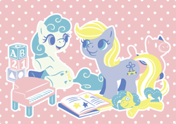 Size: 842x595 | Tagged: safe, artist:yousukou, derpibooru import, tootsie, pony, g1, baby, baby pony, blocks, book, dangles, doll, piano, toy