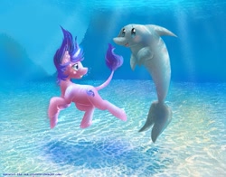 Size: 997x780 | Tagged: safe, artist:christmaslolly, derpibooru import, sea swirl, seafoam, classical unicorn, dolphin, bubble, leonine tail, seaswirl the sea explorer, underwater