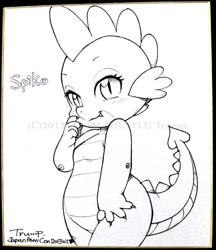 Size: 561x650 | Tagged: safe, artist:trump, derpibooru import, barb, spike, dragon, bedroom eyes, monochrome, rule 63