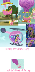 Size: 939x1900 | Tagged: safe, edit, edited screencap, screencap, cherry berry, cotton cloudy, dinky hooves, earth pony, pony, leap of faith, luna eclipsed, spike at your service, the mysterious mare do well, aviator hat, female, hat, helicopter, hot air balloon, mare, observation, pedalcopter, pink text, raincloud, text, twinkling balloon