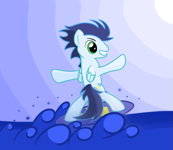 Size: 877x760 | Tagged: safe, artist:hip-indeed, derpibooru import, soarin', pony, bipedal, solo, surfing