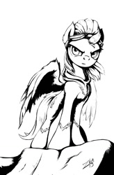 Size: 840x1280 | Tagged: safe, artist:zoarvek, lightning dust, pegasus, pony, black and white, female, goggles, grayscale, monochrome, shadowbolts, solo