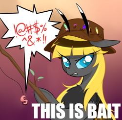 Size: 1310x1286 | Tagged: safe, artist:meekcheep, derpibooru import, oc, oc only, oc:hexferry, mothpony, original species, worm, bait, earthworm, moth pony general, reaction image, solo, this is bait