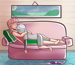 Size: 1000x870 | Tagged: safe, artist:php52, cheerilee, silver spoon, human, anklet, barefoot, cheerispoon, eyes closed, feet, humanized, on back, prone, sleeping, smiling, sofa