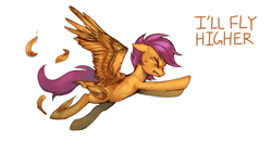 Size: 1600x830 | Tagged: safe, artist:kimoringo, derpibooru import, scootaloo, pegasus, pony, eyes closed, feather, female, filly, flying, i'll fly higher, scootaloo can fly, solo, song reference, text