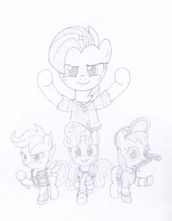 Size: 2000x2560 | Tagged: safe, artist:agamnentzar, derpibooru import, apple bloom, babs seed, scootaloo, sweetie belle, calhoun, clothes, cosplay, cutie mark crusaders, fix-it felix jr., hammer, monochrome, sweater, vanellope von schweetz, wreck-it ralph