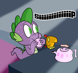 Size: 1280x1208 | Tagged: safe, peewee, spike, dragon, drink, drinking, nervous, onomatopoeia, single panel, spike-replies, sweat, teacup, teapot, wide eyes