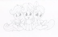 Size: 2000x1282 | Tagged: safe, artist:agamnentzar, derpibooru import, apple bloom, scootaloo, sweetie belle, cutie mark crusaders, monochrome