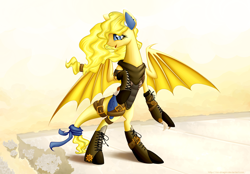 Size: 3300x2300 | Tagged: safe, artist:xn-d, derpibooru import, oc, oc only, dracony, alicja spring, armor, boots, claws, clothes, headphones, open mouth, rearing, smiling, solo, spread wings, steampunk