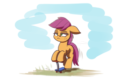 Size: 1280x853 | Tagged: safe, artist:heir-of-rick, scootaloo, daily apple pony, annoyed, floppy ears, frown, grumpy, raised eyebrow, recolor, scooter, solo, unamused, unhappy