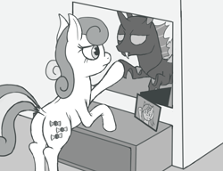 Size: 2264x1737 | Tagged: dead source, safe, artist:mostlyponyart, bon bon, sweetie drops, changeling, fanfic:mendacity, bon bon is best changeling, bon butt, dock, mirror, monochrome, plot, reflection, solo