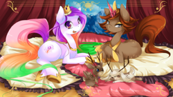 Size: 1600x900 | Tagged: dead source, safe, artist:loyaldis, derpibooru import, oc, oc only, oc:prince verndari, oc:princess devota, earth pony, pony, rabbit, unicorn, crown, eyeshadow, jackalope, looking at you, open mouth, pillow, prone, smiling